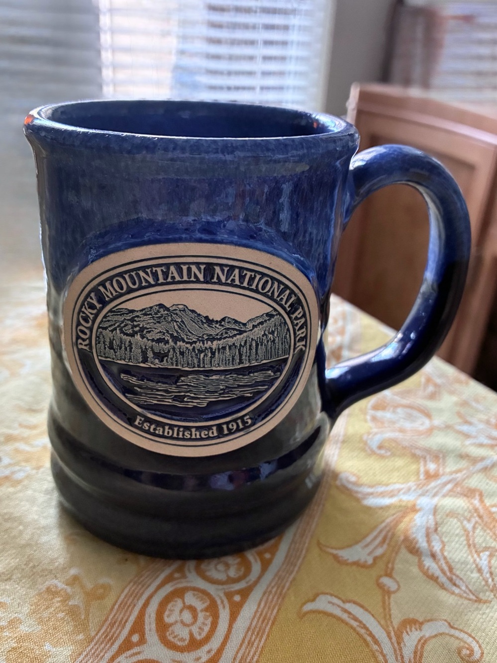 Deneen Pottery Handthrown “Rocky Mt” Mug, 2019. NWT Blue w/Embossed Medallion.